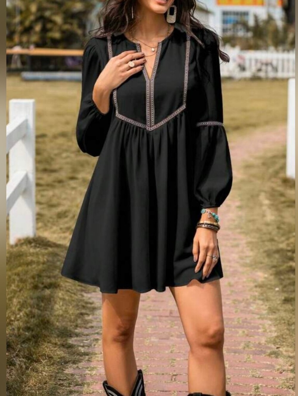 * New Western Boho Embroidered Lace Trim Dress Puffed Long Sleeve Short Black